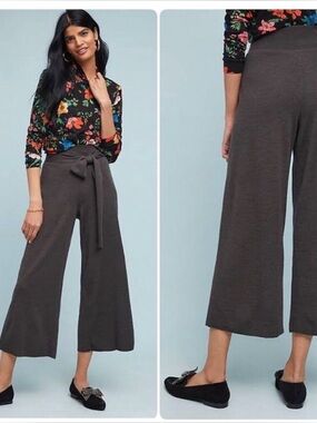 Moth by Anthropologie Wool Blend Wide-Leg Tie-Waist Pants in Charcoal Gray